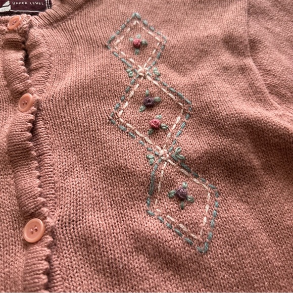 VTG 80s Retro Light Pink Little Floral Geometric Design Embroidered Cardigan - Picture 2 of 6